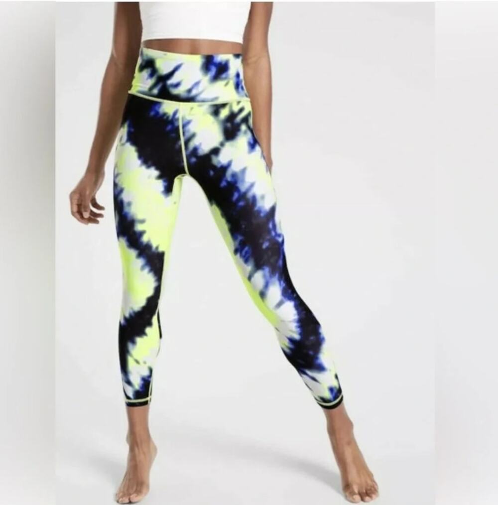 Athleta Elation 7/8 Tight Womens Small Neon Tie Dye Crop Leggings Yellow Blue